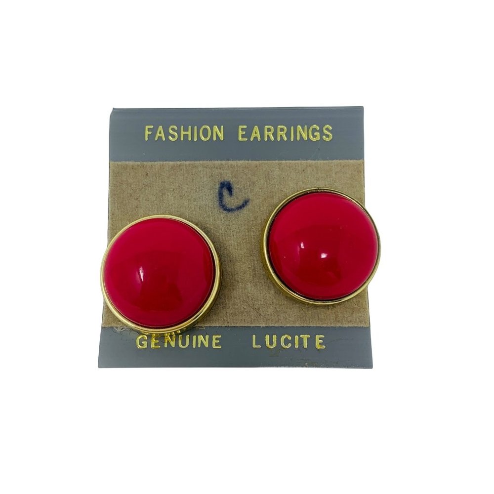 Vintage Hot Pink Gold Circle Lucite Clip Ons Fashion Earrings